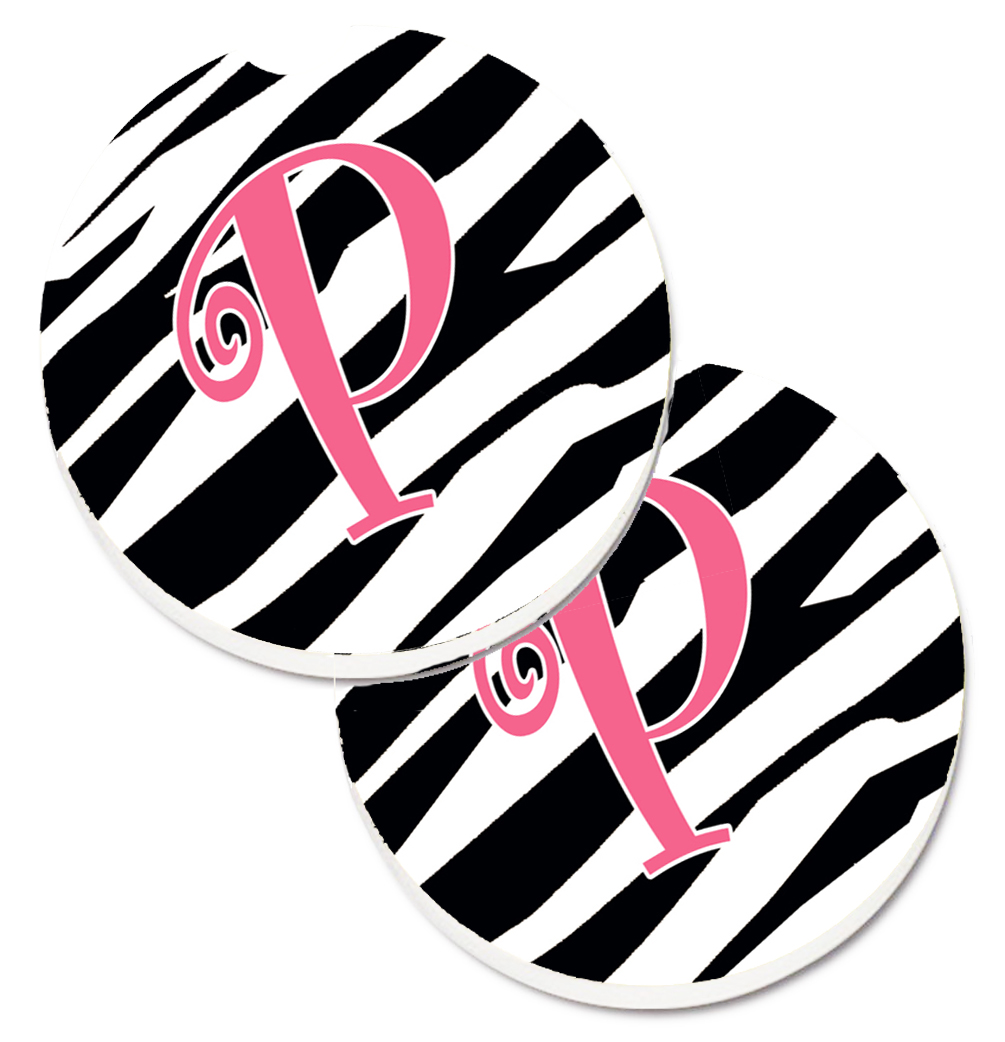 CJ1037-PCARC Monogram Initial P Zebra Stripe & Pink Set of 2 Cup Holder Car Coaster