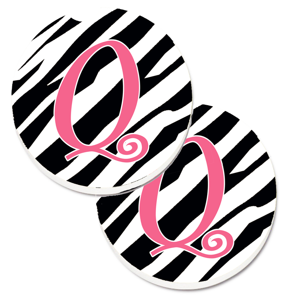 CJ1037-QCARC Monogram Initial Q Zebra Stripe & Pink Set of 2 Cup Holder Car Coaster