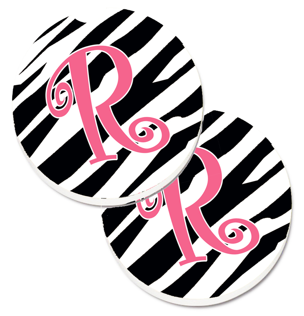CJ1037-RCARC Monogram Initial R Zebra Stripe & Pink Set of 2 Cup Holder Car Coaster