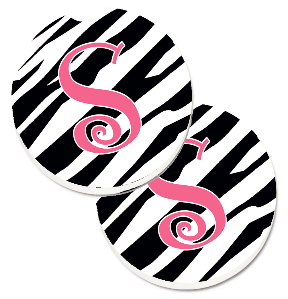 CJ1037-SCARC Monogram Initial S Zebra Stripe & Pink Set of 2 Cup Holder Car Coaster