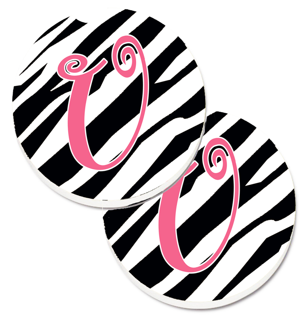 CJ1037-UCARC Monogram Initial U Zebra Stripe & Pink Set of 2 Cup Holder Car Coaster