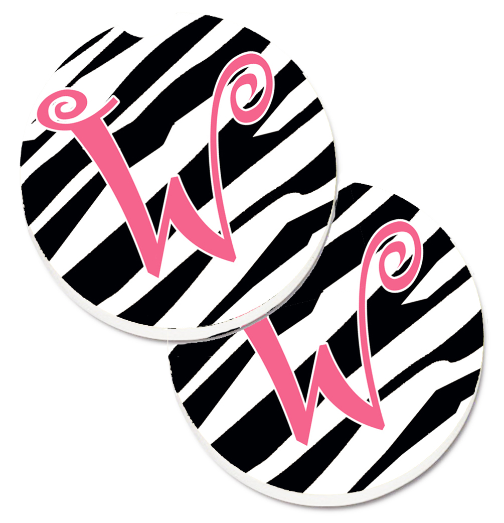 CJ1037-WCARC Monogram Initial W Zebra Stripe & Pink Set of 2 Cup Holder Car Coaster