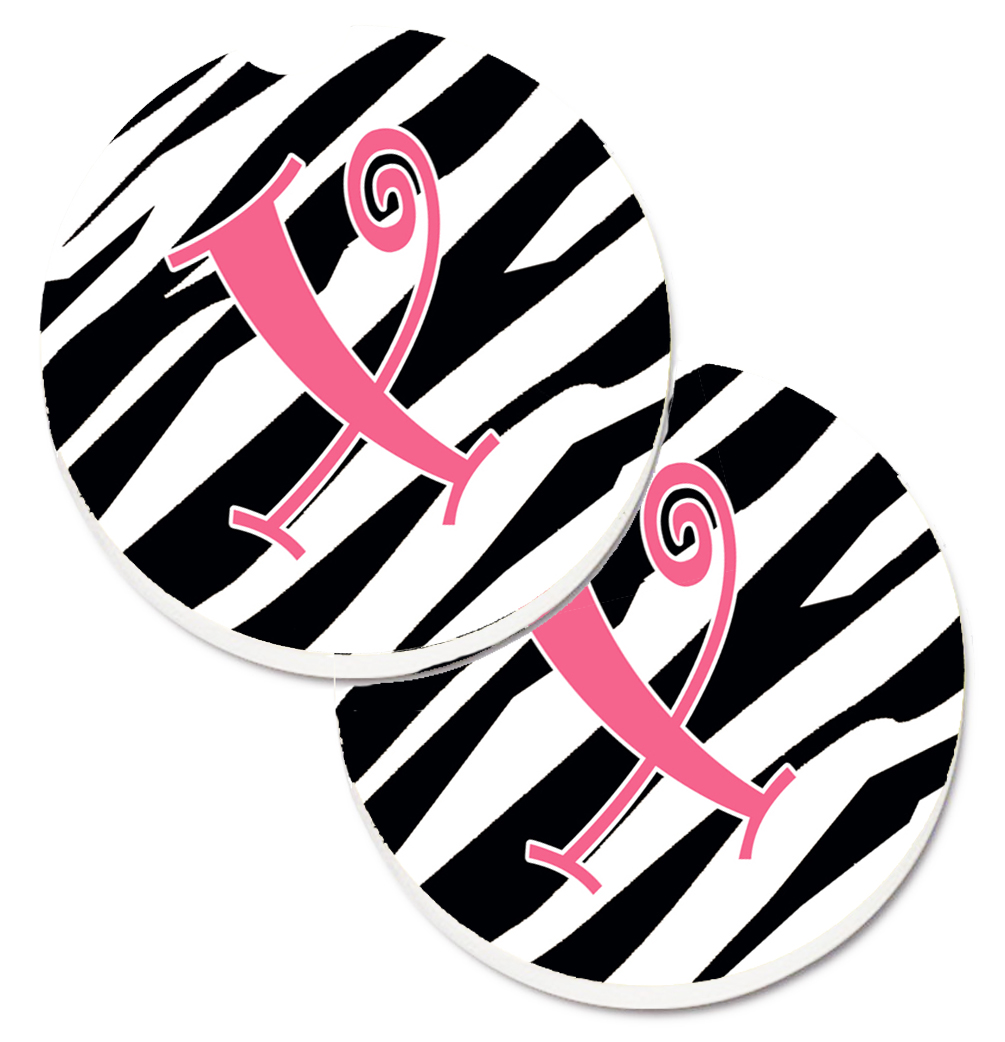 CJ1037-XCARC Monogram Initial X Zebra Stripe & Pink Set of 2 Cup Holder Car Coaster