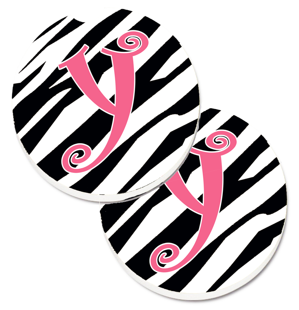 CJ1037-YCARC Monogram Initial Y Zebra Stripe & Pink Set of 2 Cup Holder Car Coaster
