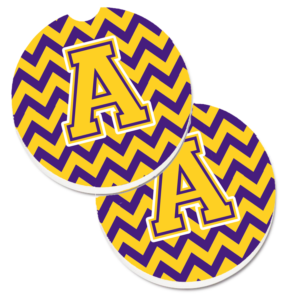 CJ1041-ACARC Letter A Chevron Purple & Gold Set of 2 Cup Holder Car Coaster