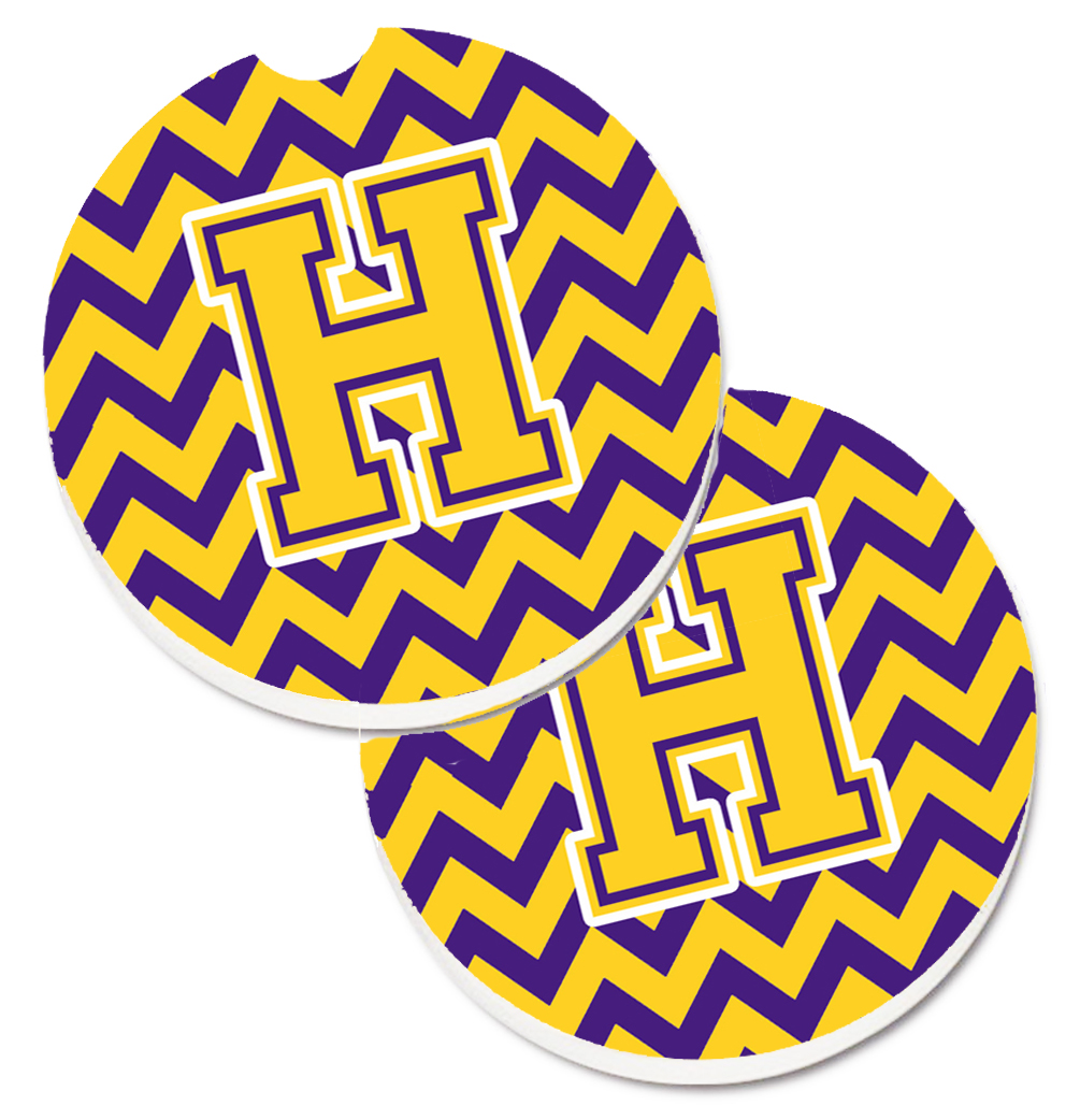 CJ1041-HCARC Letter H Chevron Purple & Gold Set of 2 Cup Holder Car Coaster