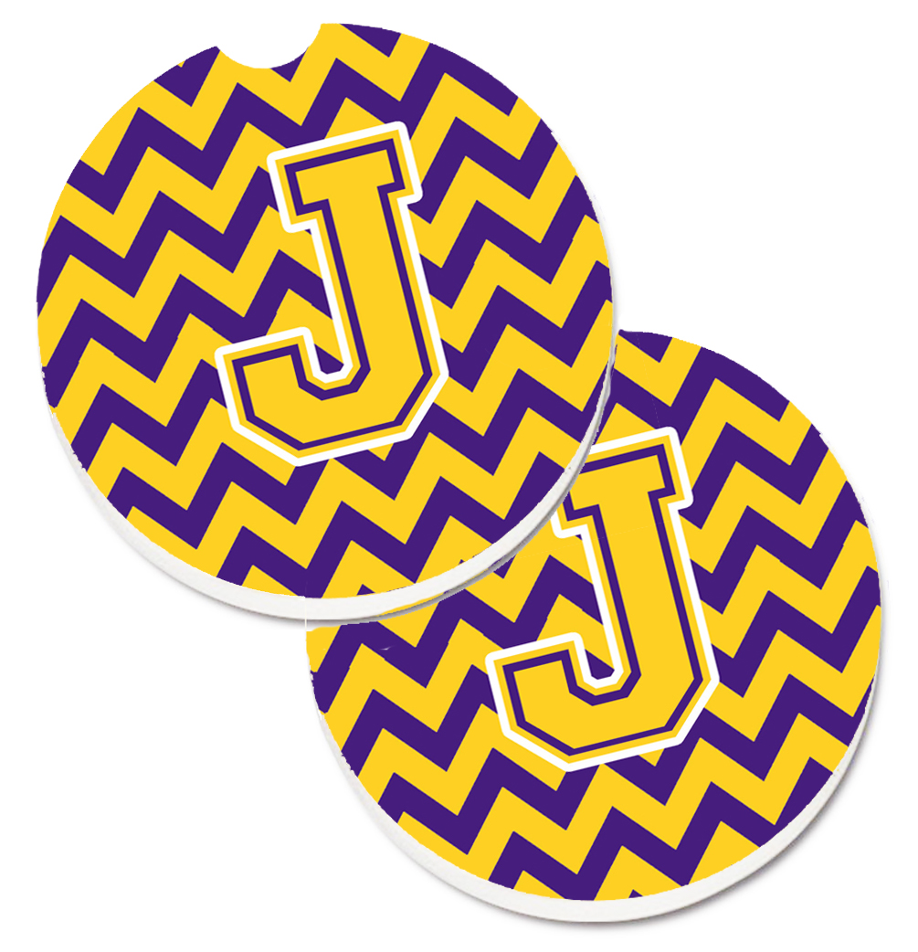 CJ1041-JCARC Letter J Chevron Purple & Gold Set of 2 Cup Holder Car Coaster