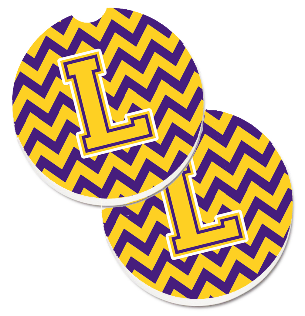 CJ1041-LCARC Letter L Chevron Purple & Gold Set of 2 Cup Holder Car Coaster