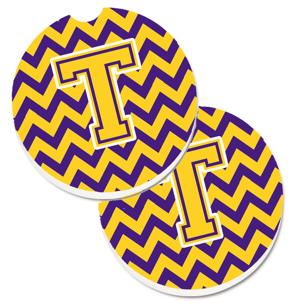CJ1041-TCARC Letter T Chevron Purple & Gold Set of 2 Cup Holder Car Coaster