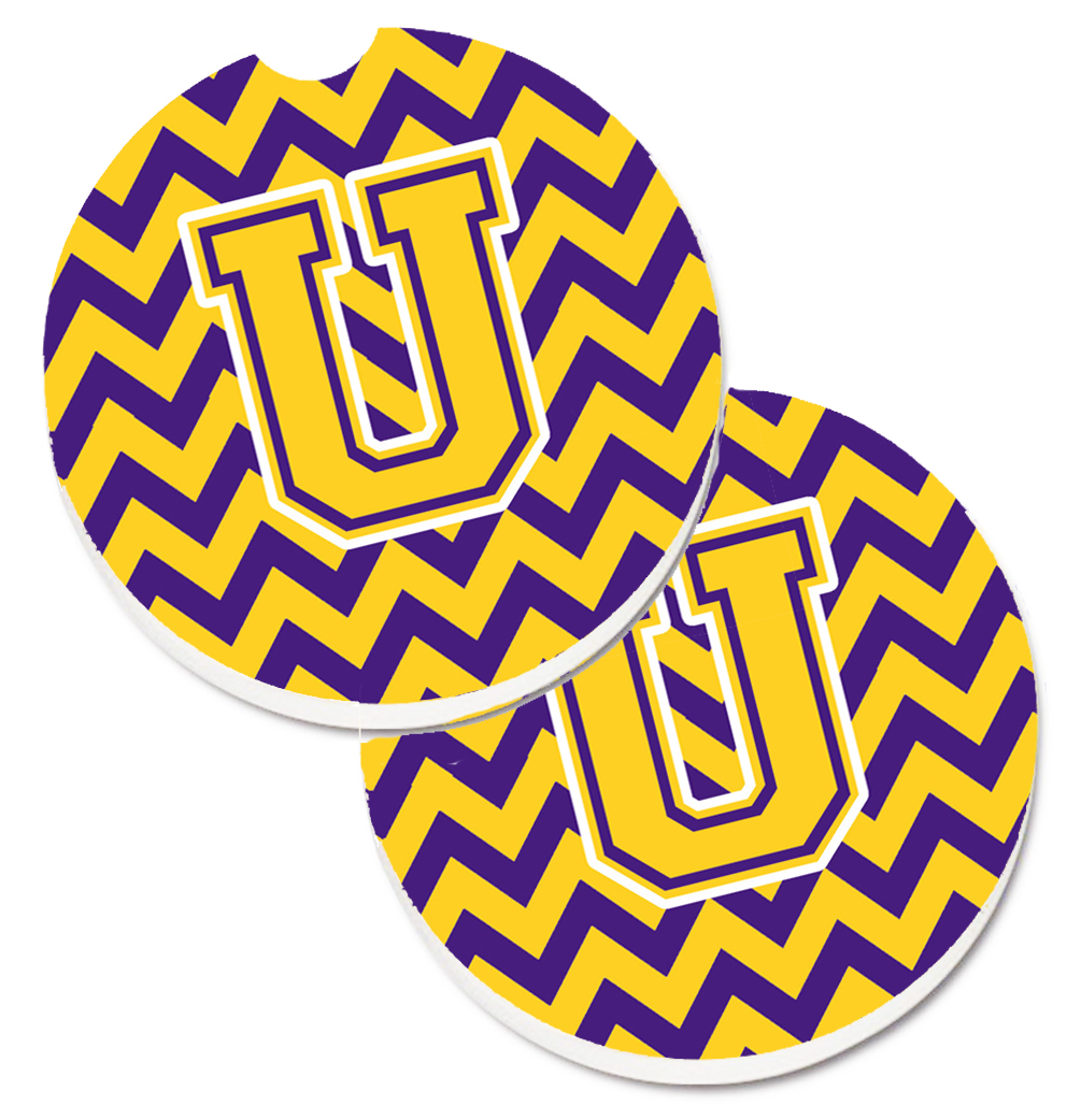 CJ1041-UCARC Letter U Chevron Purple & Gold Set of 2 Cup Holder Car Coaster