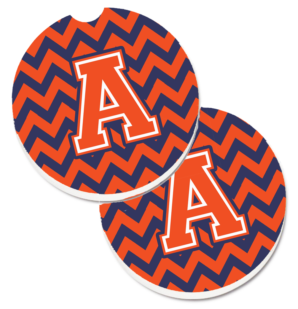 CJ1042-ACARC Letter A Chevron Orange & Blue Set of 2 Cup Holder Car Coaster