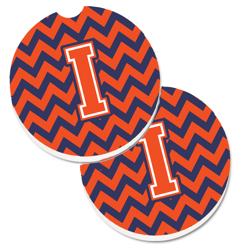 Letter I Chevron Orange & Blue Set of 2 Cup Holder Car Coaster