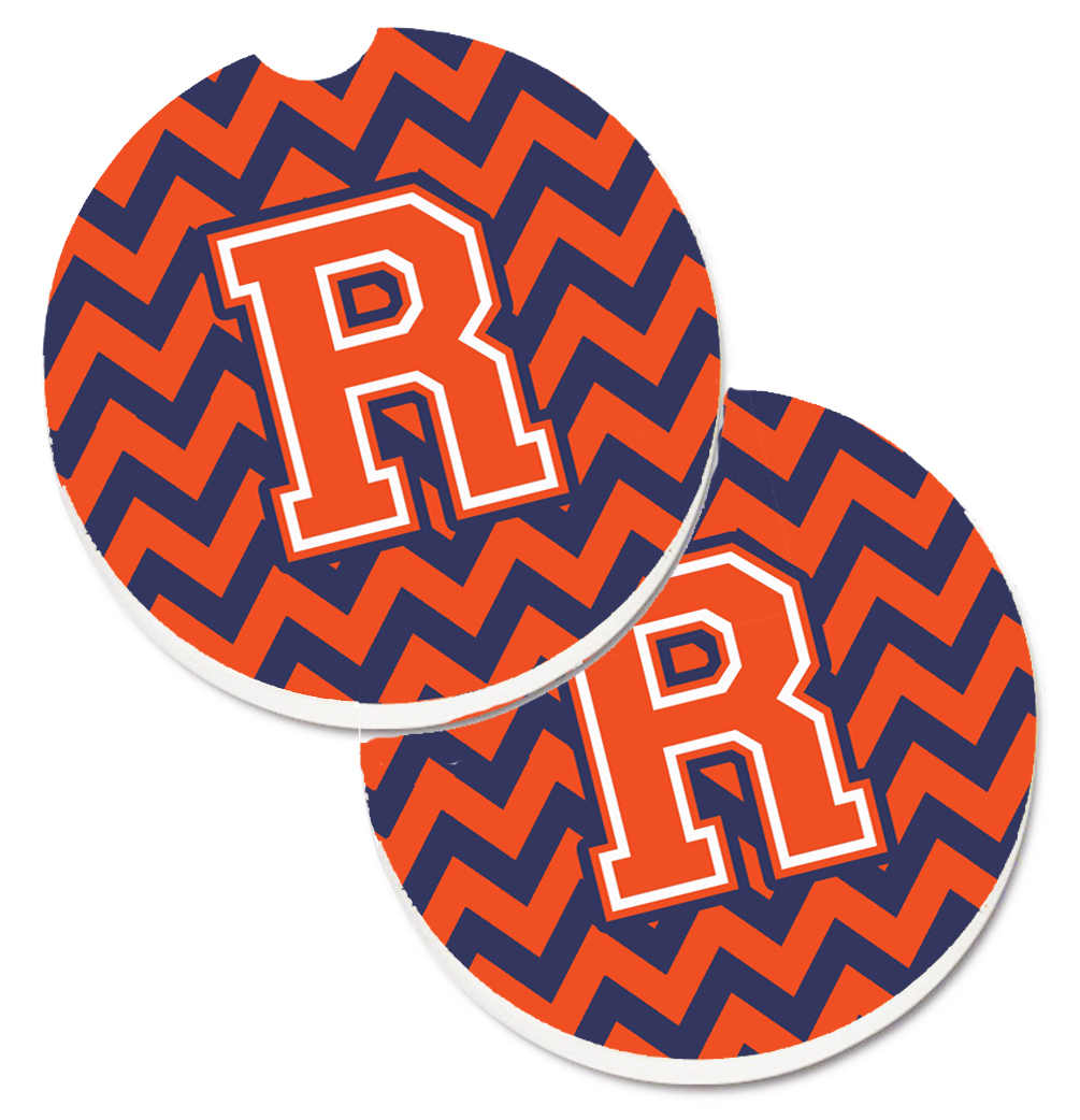 Letter R Chevron Orange & Blue Set of 2 Cup Holder Car Coaster