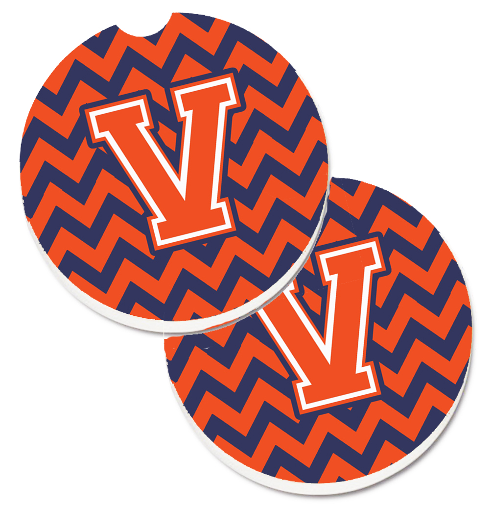 Letter V Chevron Orange & Blue Set of 2 Cup Holder Car Coaster