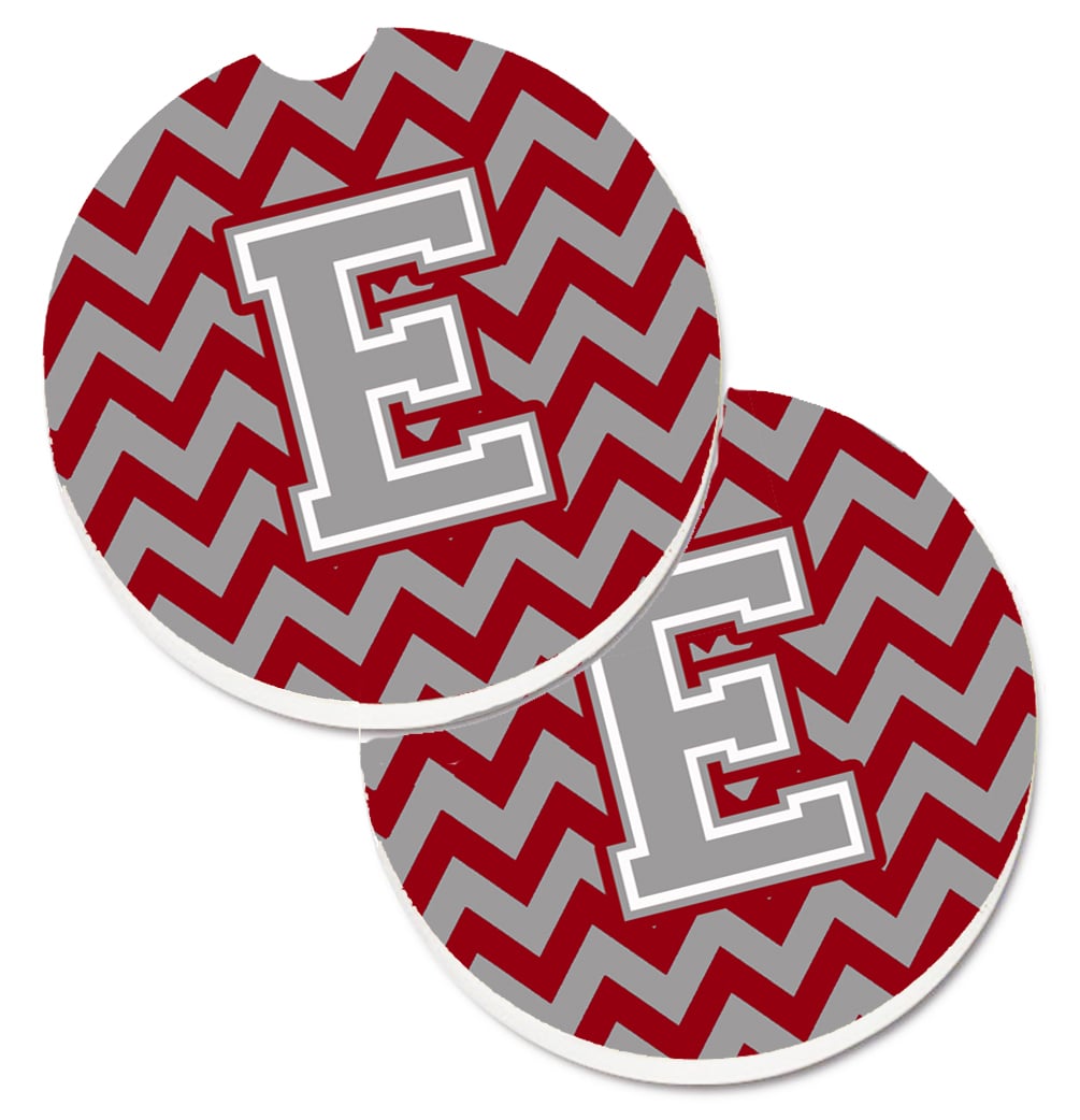 Letter E Chevron Crimson & Grey Set of 2 Cup Holder Car Coaster