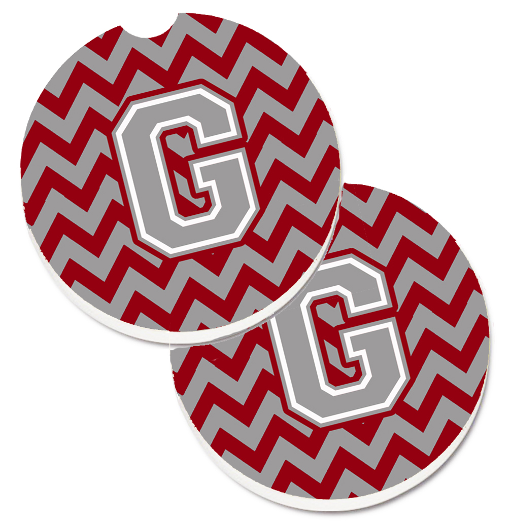 Letter G Chevron Crimson & Grey Set of 2 Cup Holder Car Coaster