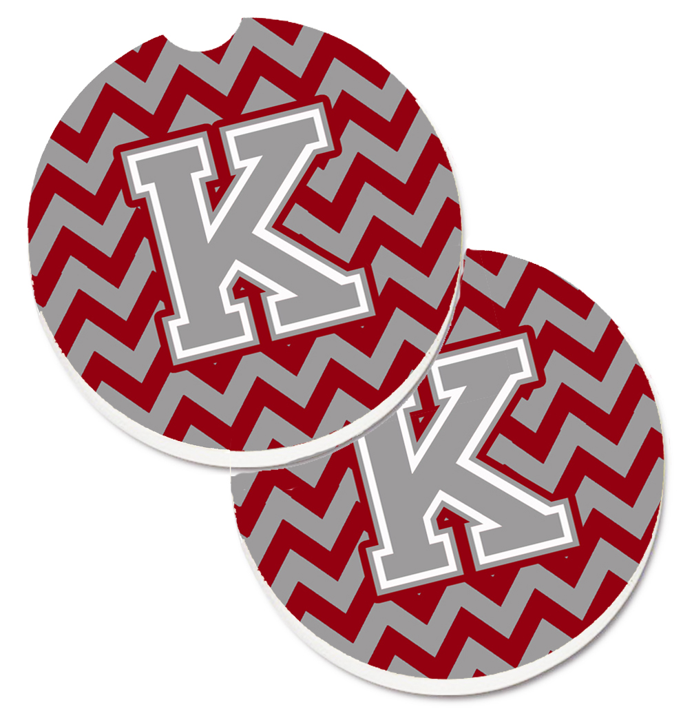 Letter K Chevron Crimson & Grey Set of 2 Cup Holder Car Coaster