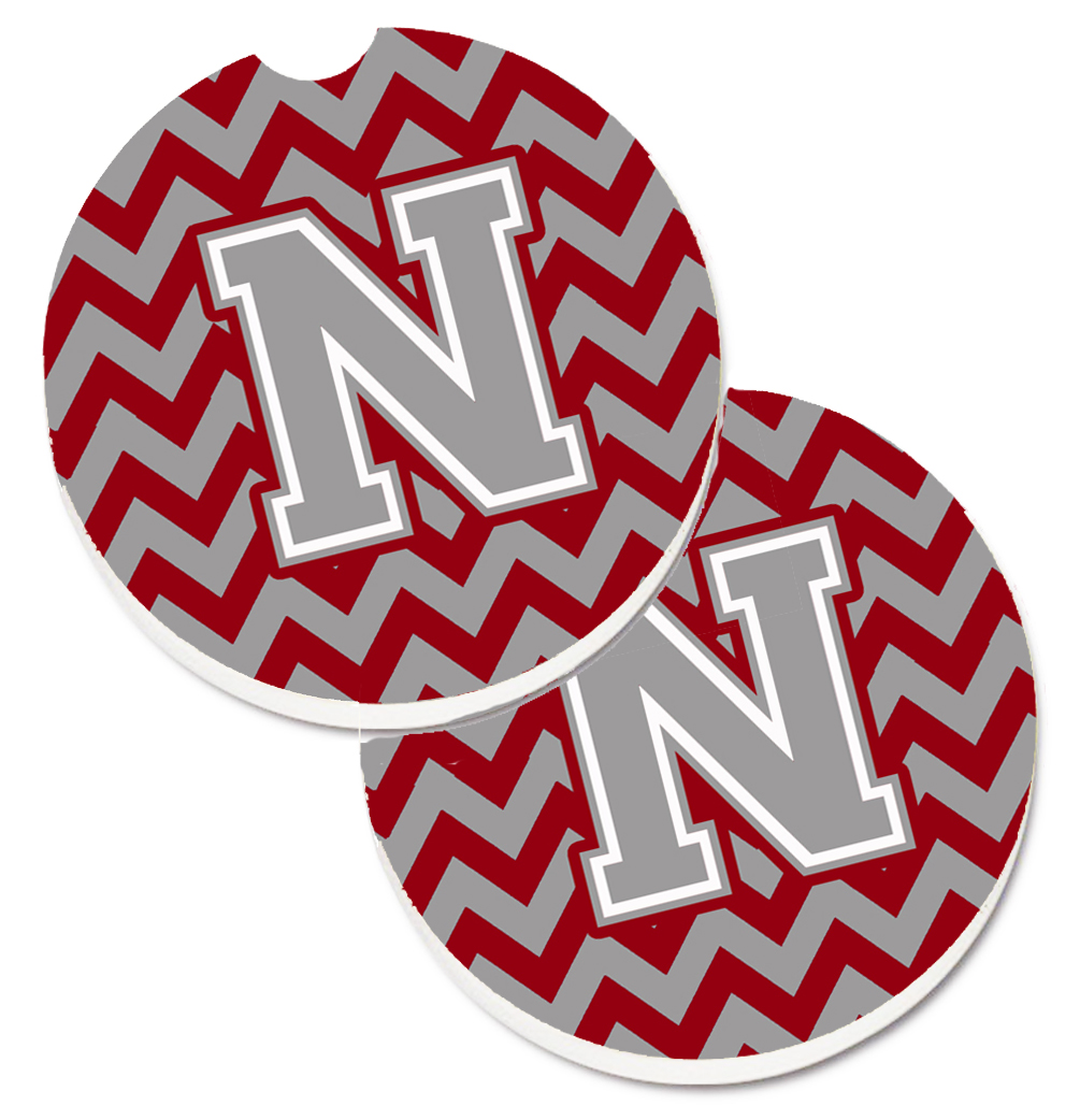 Letter N Chevron Crimson & Grey Set of 2 Cup Holder Car Coaster