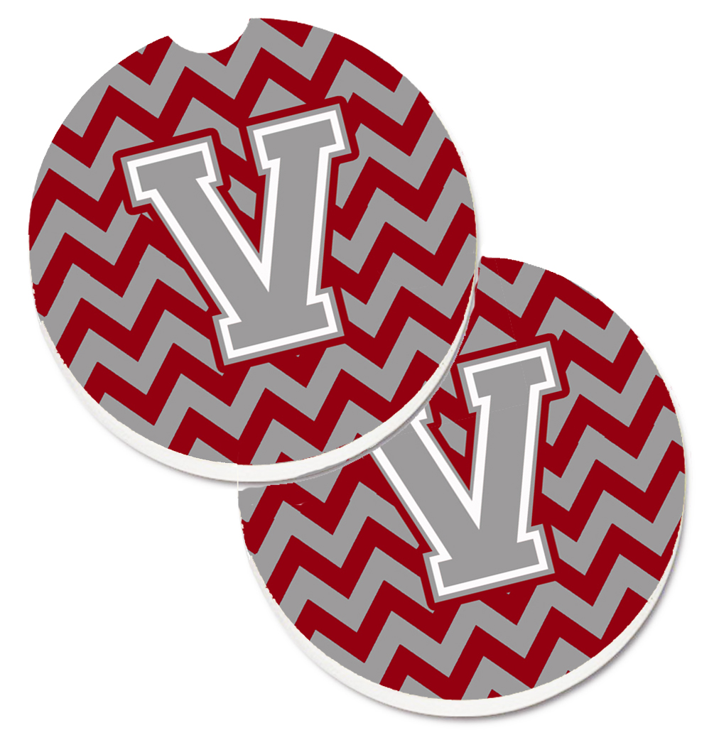 Letter V Chevron Crimson & Grey Set of 2 Cup Holder Car Coaster
