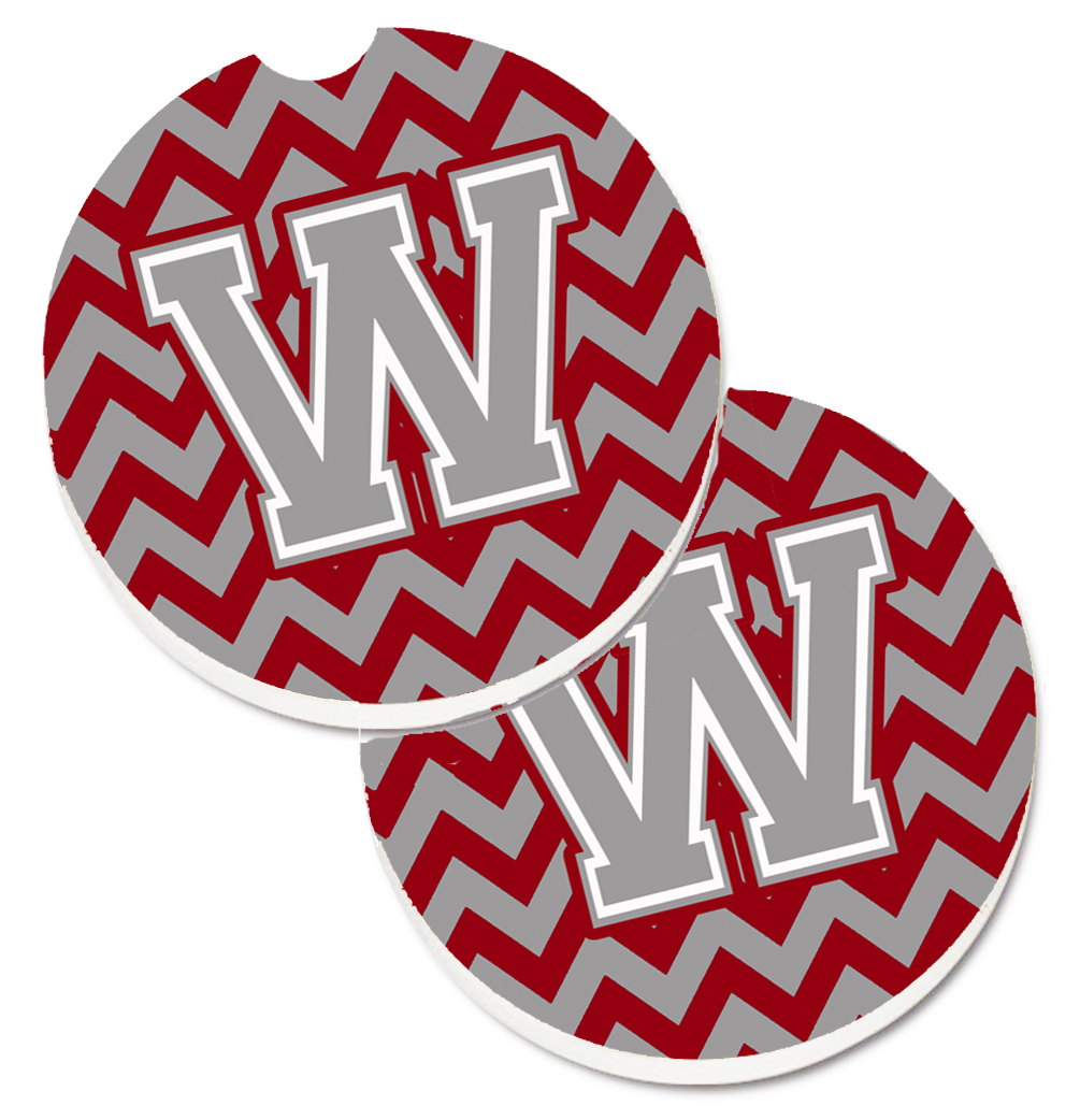 Letter W Chevron Crimson & Grey Set of 2 Cup Holder Car Coaster