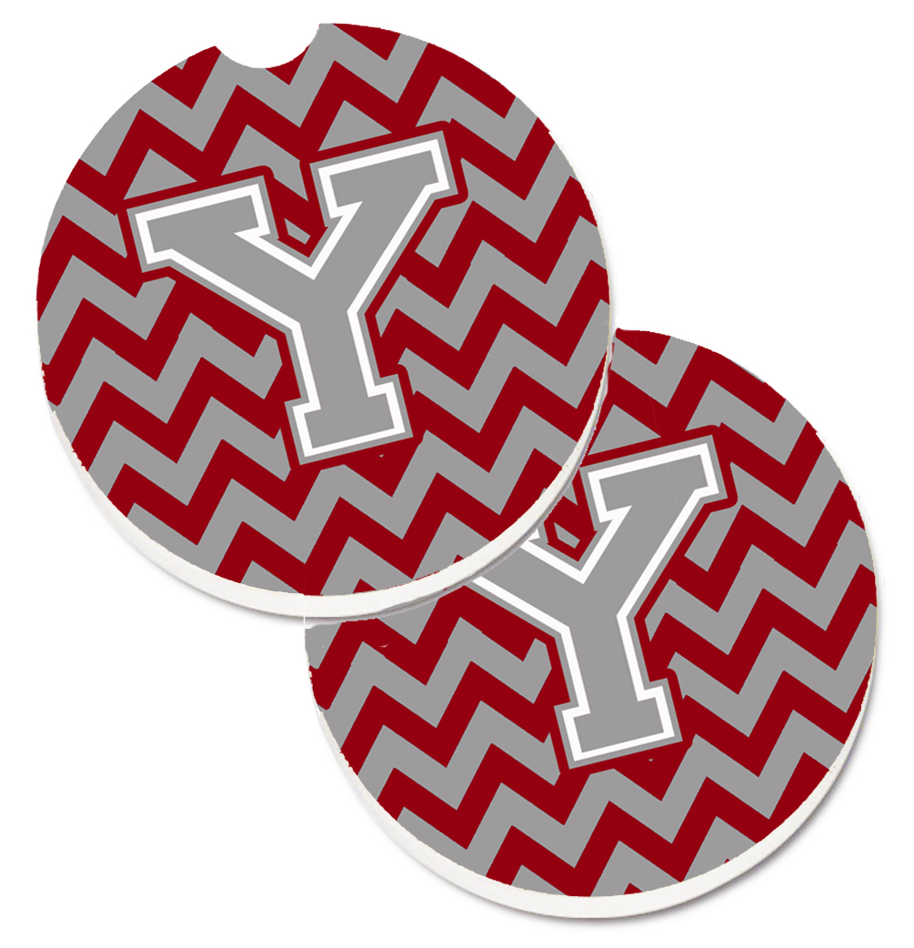 Letter Y Chevron Crimson & Grey Set of 2 Cup Holder Car Coaster