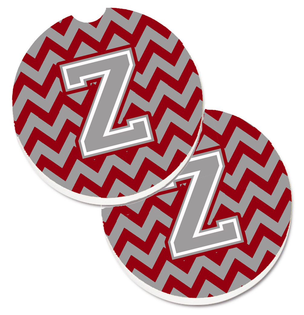 Letter Z Chevron Crimson & Grey Set of 2 Cup Holder Car Coaster