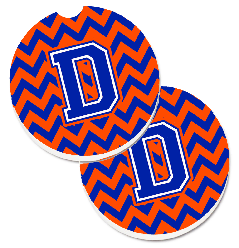 CJ1044-DCARC Letter D Chevron Orange & Blue Set of 2 Cup Holder Car Coaster