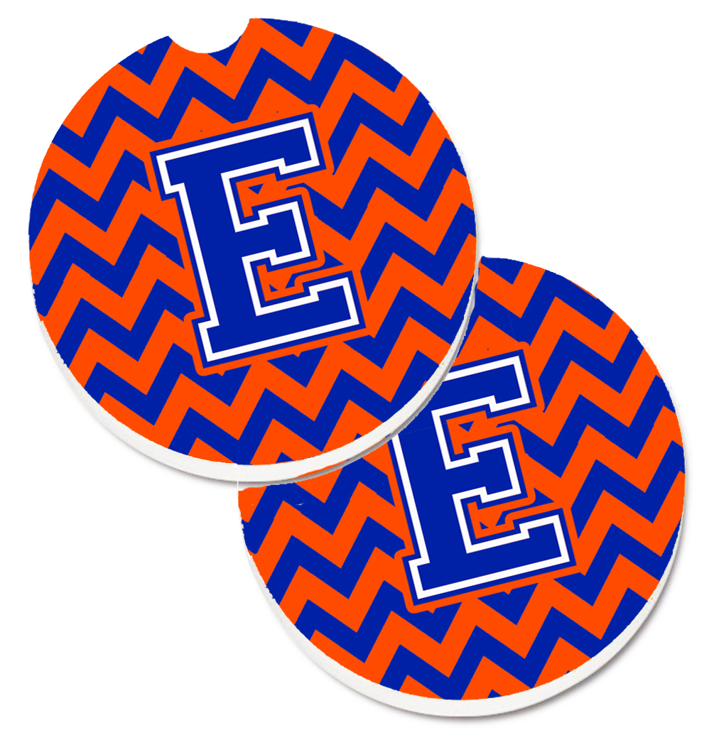 Letter E Chevron Orange & Blue Set of 2 Cup Holder Car Coaster