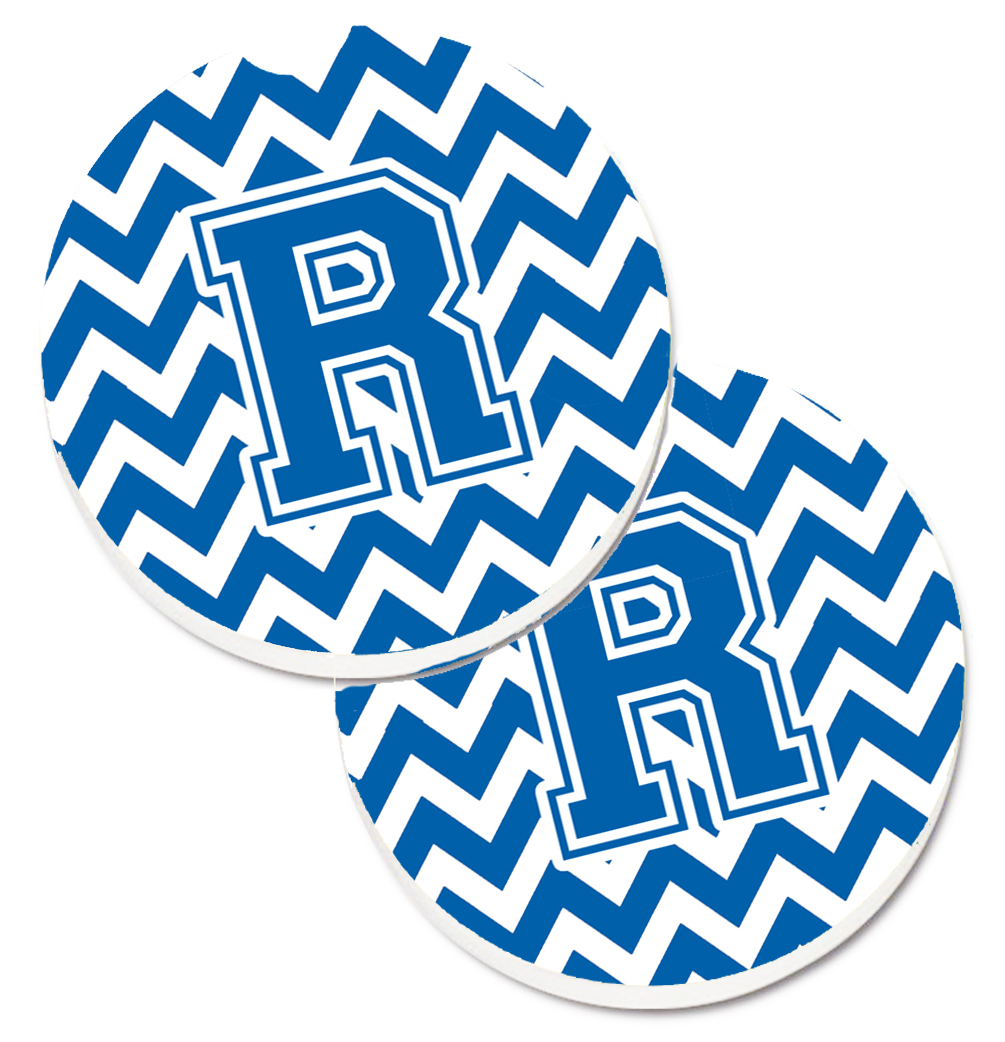Letter R Chevron Blue & White Set of 2 Cup Holder Car Coaster