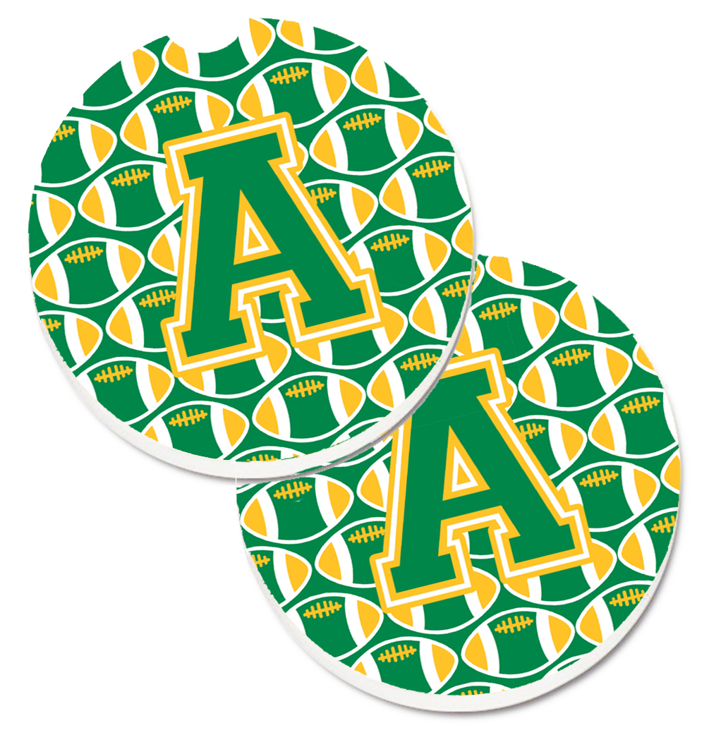 CJ1069-ACARC Letter A Football Green & Gold Set of 2 Cup Holder Car Coaster