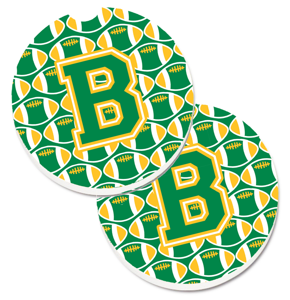 CJ1069-BCARC Letter B Football Green & Gold Set of 2 Cup Holder Car Coaster