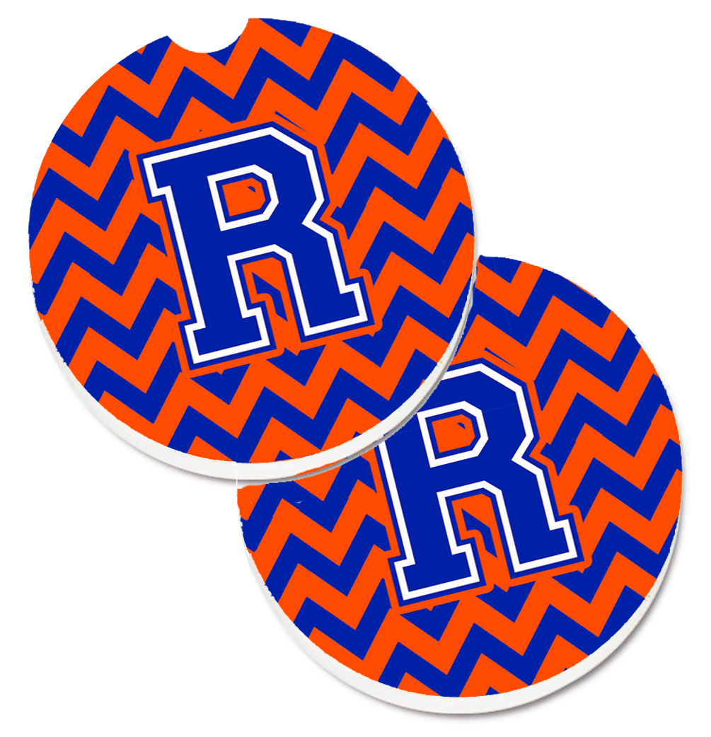 Letter R Chevron Orange & Blue Set of 2 Cup Holder Car Coaster