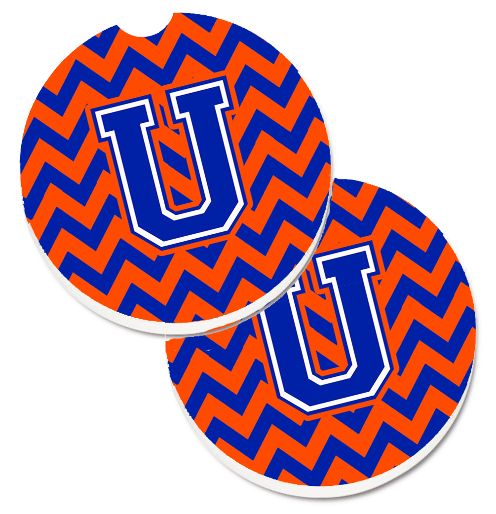 Letter U Chevron Orange & Blue Set of 2 Cup Holder Car Coaster