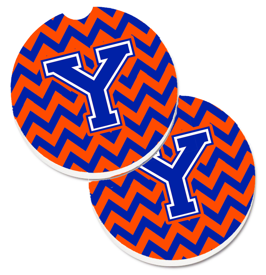 Letter Y Chevron Orange & Blue Set of 2 Cup Holder Car Coaster