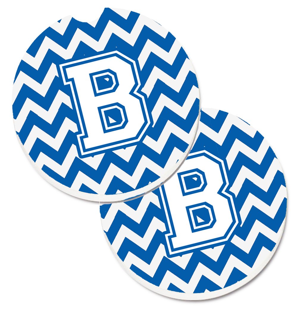 Letter B Chevron Blue & White Set of 2 Cup Holder Car Coaster