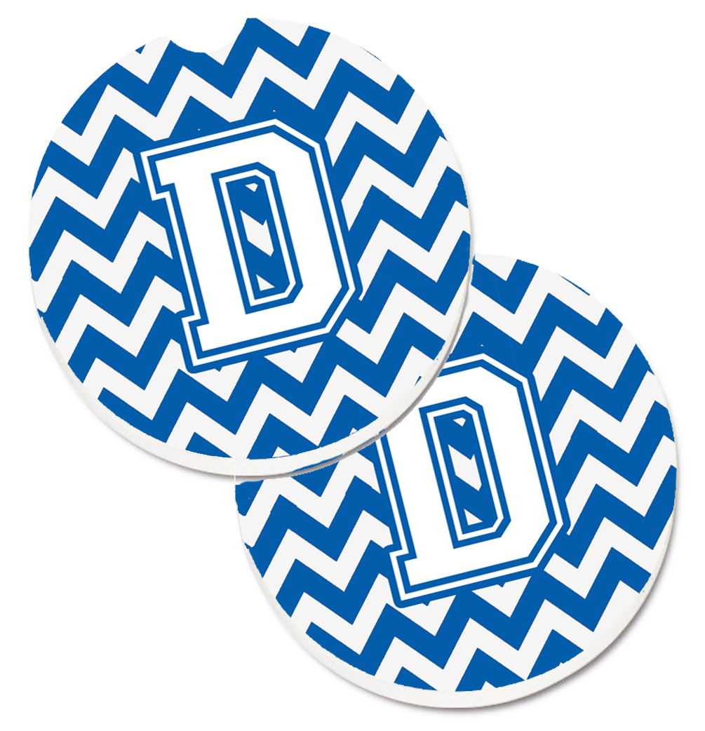 Letter D Chevron Blue & White Set of 2 Cup Holder Car Coaster
