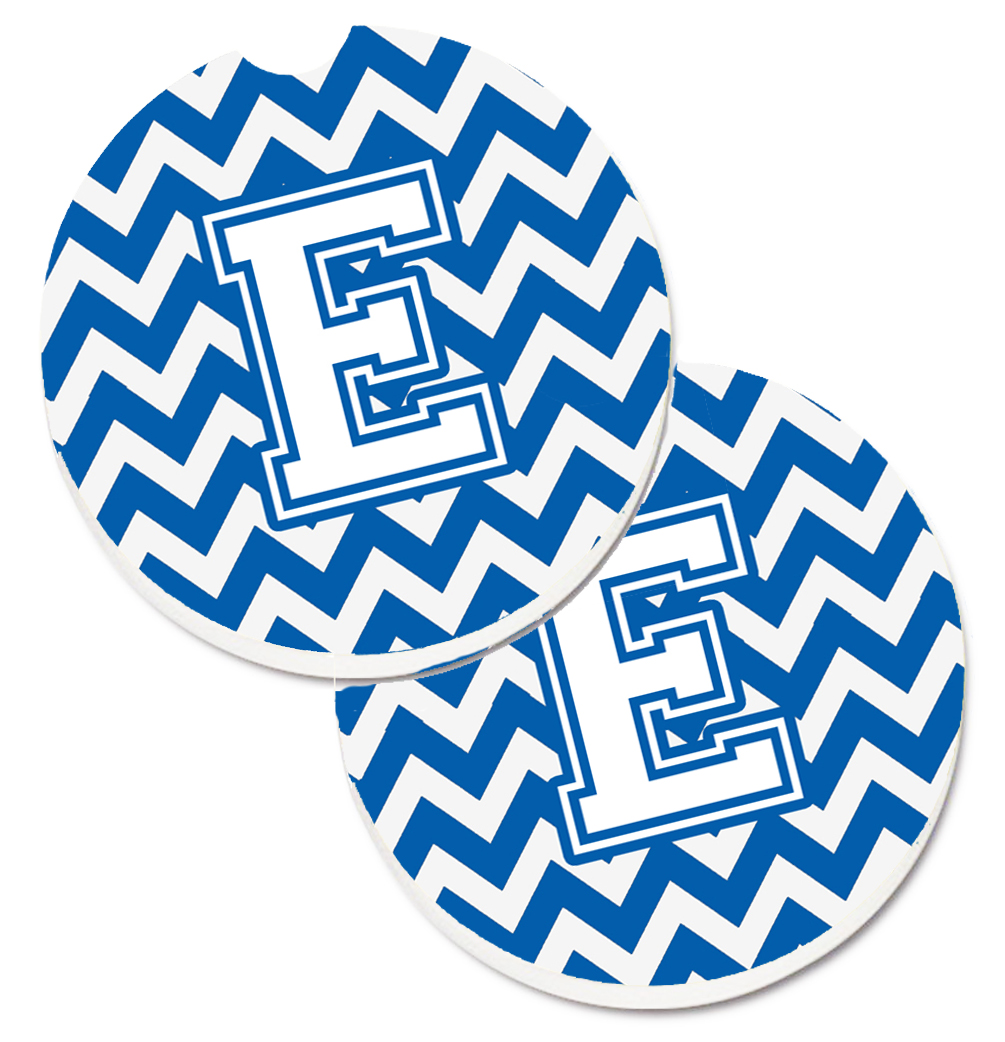 Letter E Chevron Blue & White Set of 2 Cup Holder Car Coaster