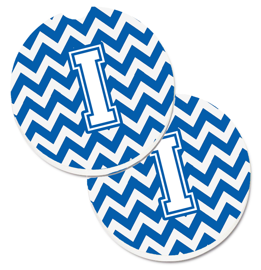 Letter I Chevron Blue & White Set of 2 Cup Holder Car Coaster