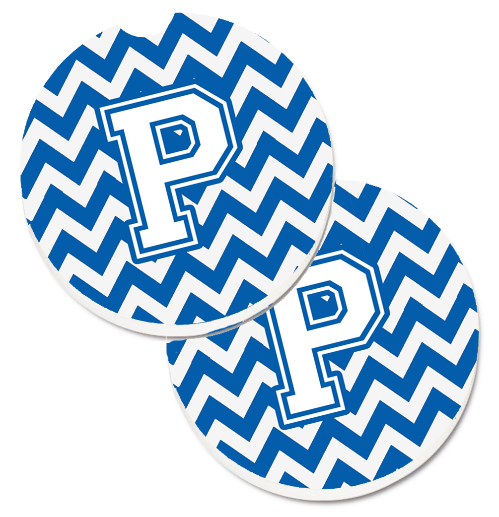 CJ1045-PCARC Letter P Chevron Blue & White Set of 2 Cup Holder Car Coaster