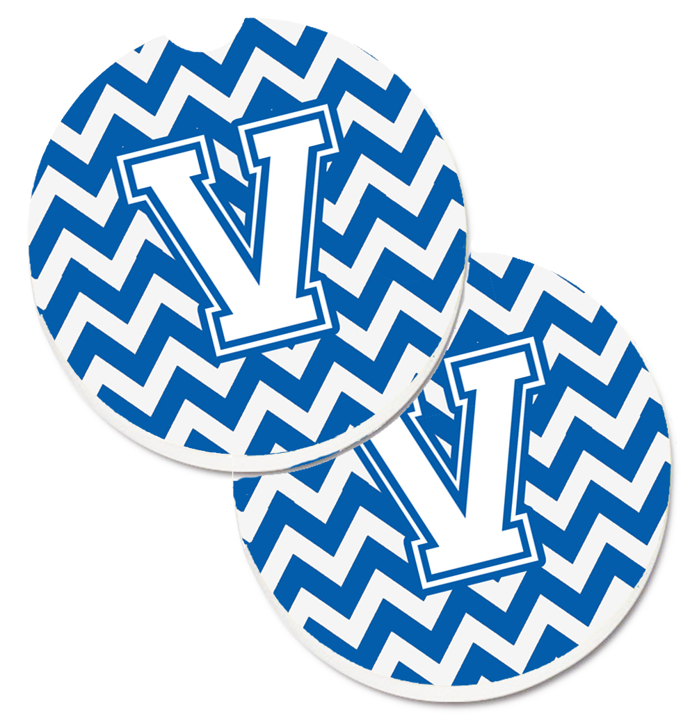 Letter V Chevron Blue & White Set of 2 Cup Holder Car Coaster