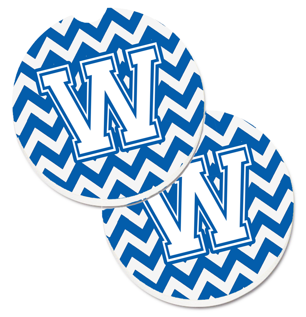 Letter W Chevron Blue & White Set of 2 Cup Holder Car Coaster