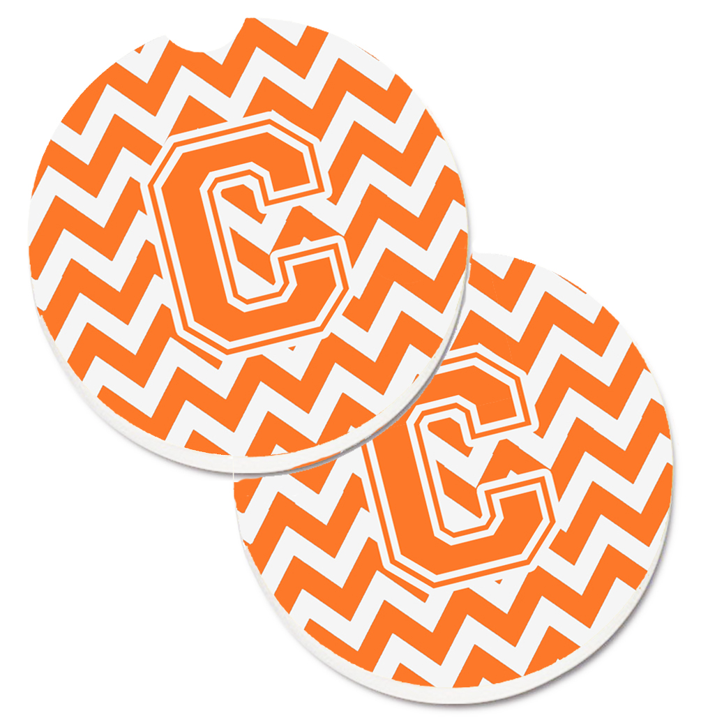 Letter C Chevron Orange & White Set of 2 Cup Holder Car Coaster