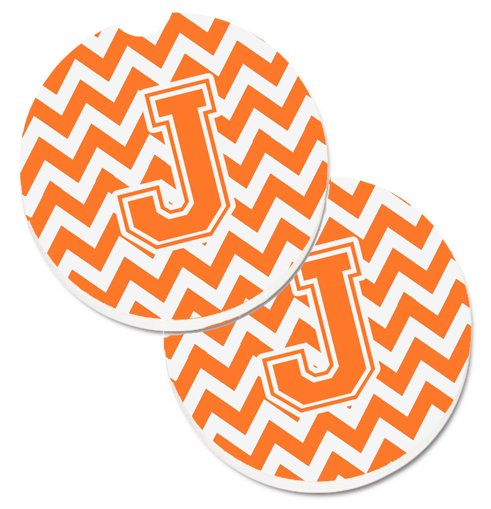 Letter J Chevron Orange & White Set of 2 Cup Holder Car Coaster