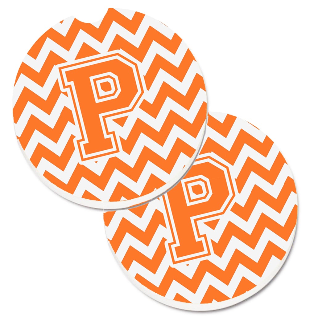 Letter P Chevron Orange & White Set of 2 Cup Holder Car Coaster