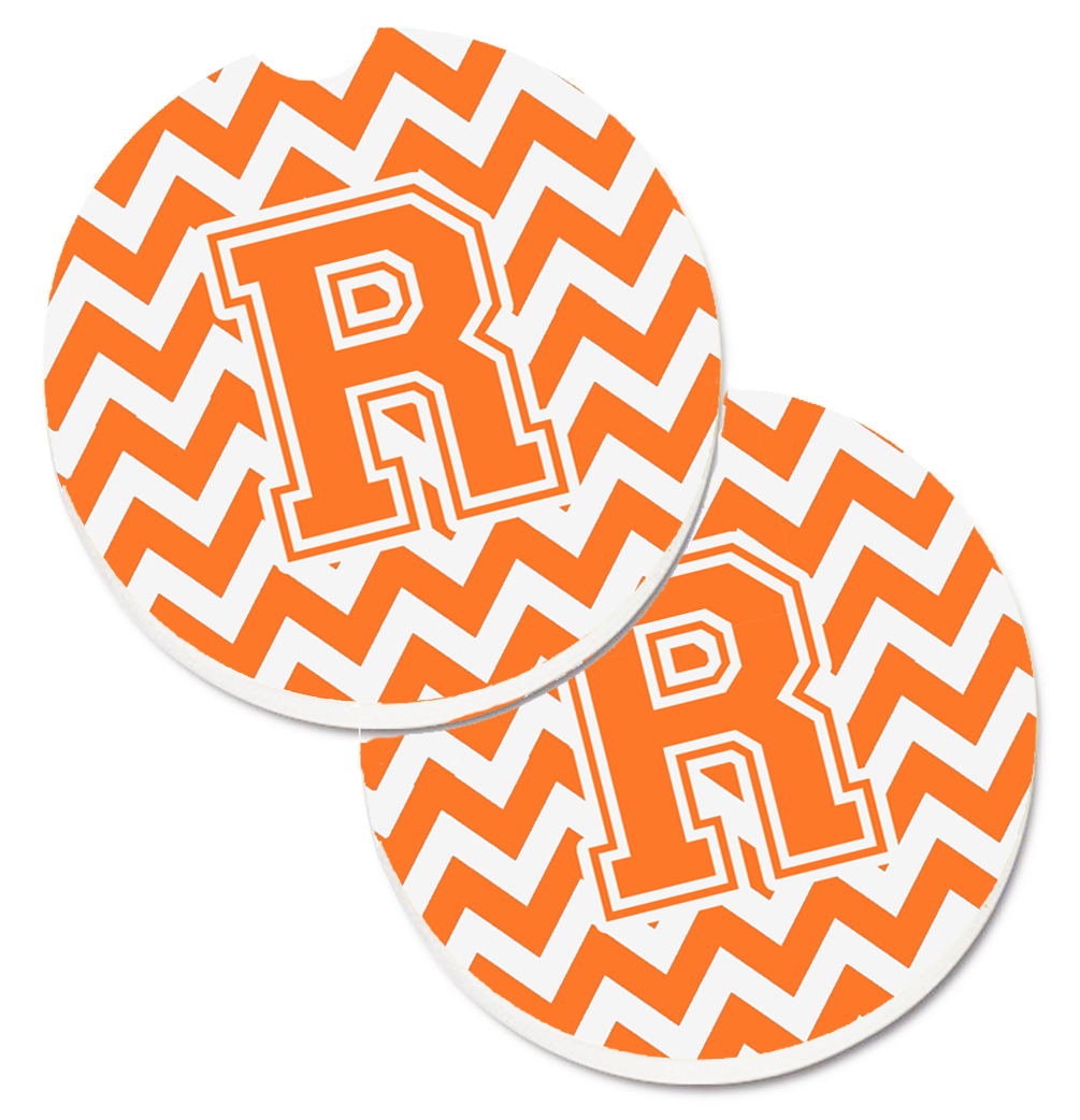 Letter R Chevron Orange & White Set of 2 Cup Holder Car Coaster
