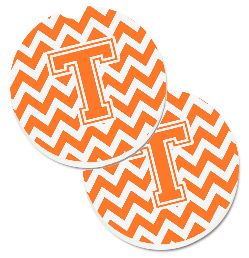 Letter T Chevron Orange & White Set of 2 Cup Holder Car Coaster