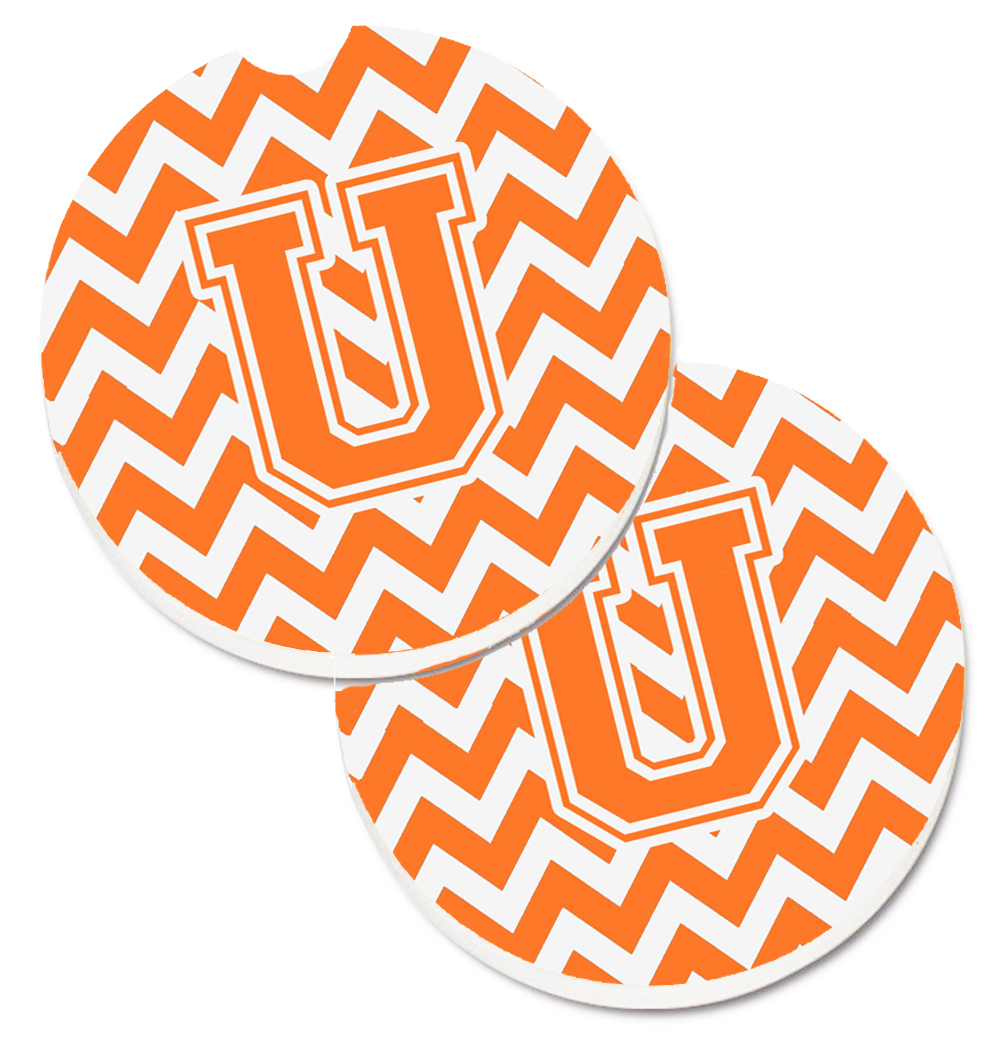 Letter U Chevron Orange & White Set of 2 Cup Holder Car Coaster