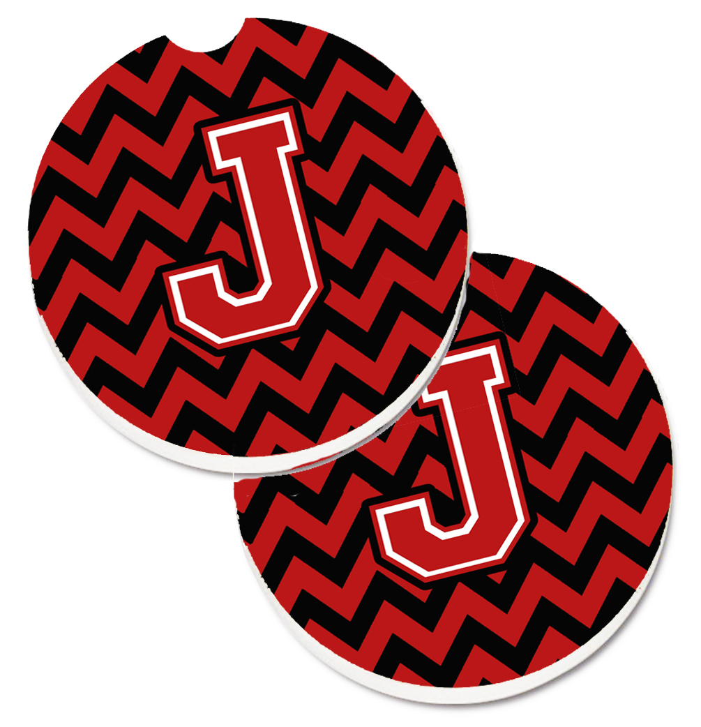 Letter J Chevron Black & Red Set of 2 Cup Holder Car Coaster