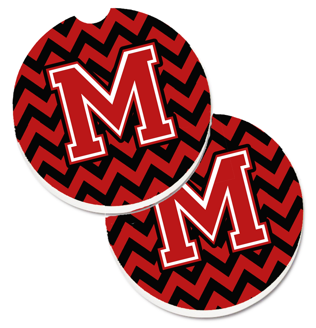 Letter M Chevron Black & Red Set of 2 Cup Holder Car Coaster