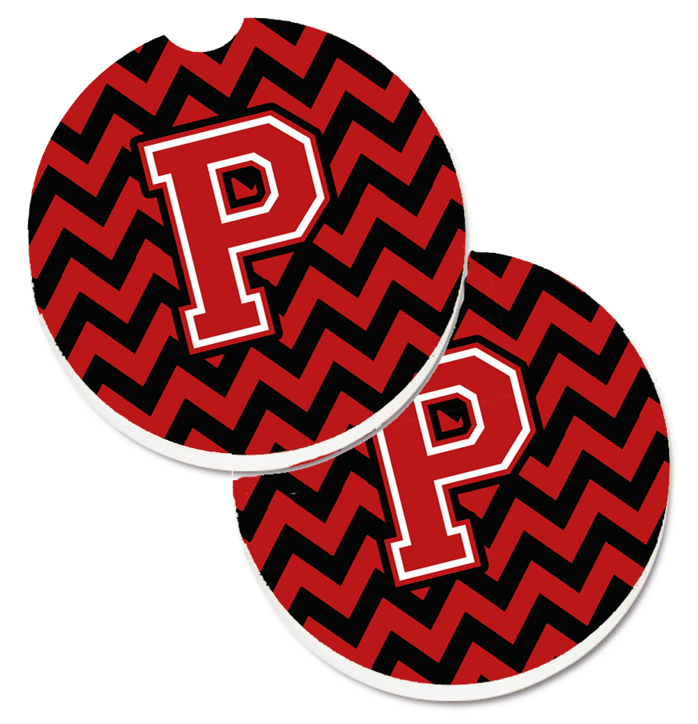 Letter P Chevron Black & Red Set of 2 Cup Holder Car Coaster